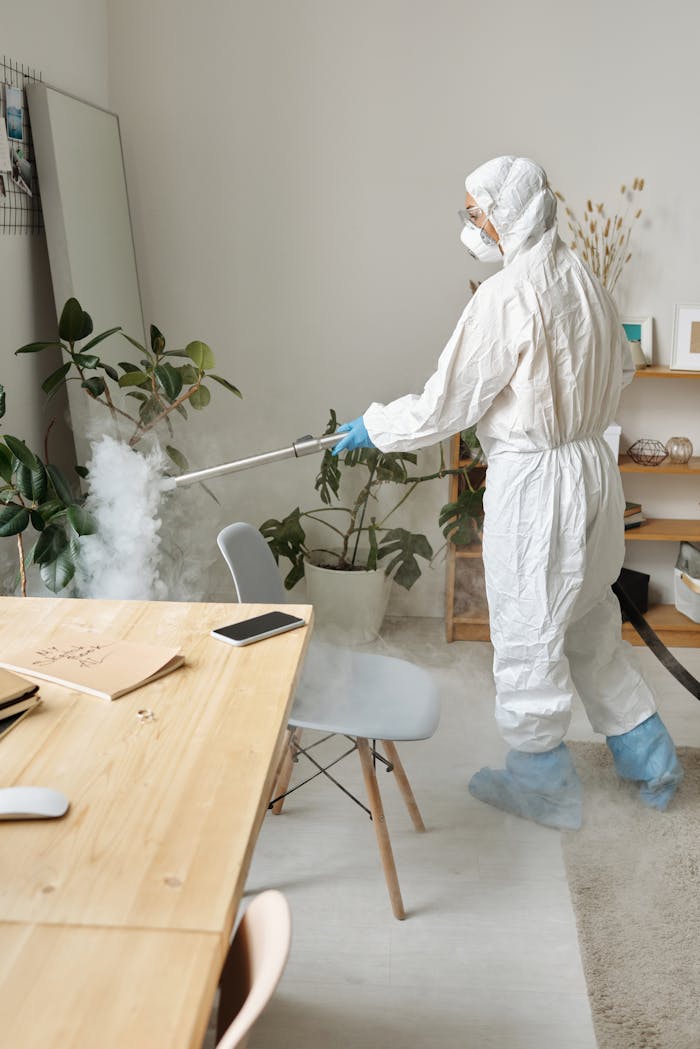 services-04 Person in protective suit disinfecting office for virus control.